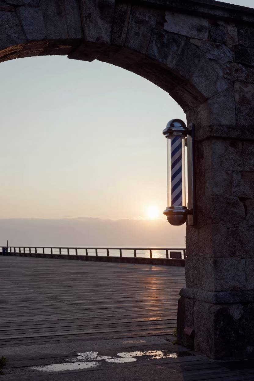 Silhouetted Ghost Barber Pole at Dawn in beneath a broken stone arch near Lajpat Nagar, Delhi