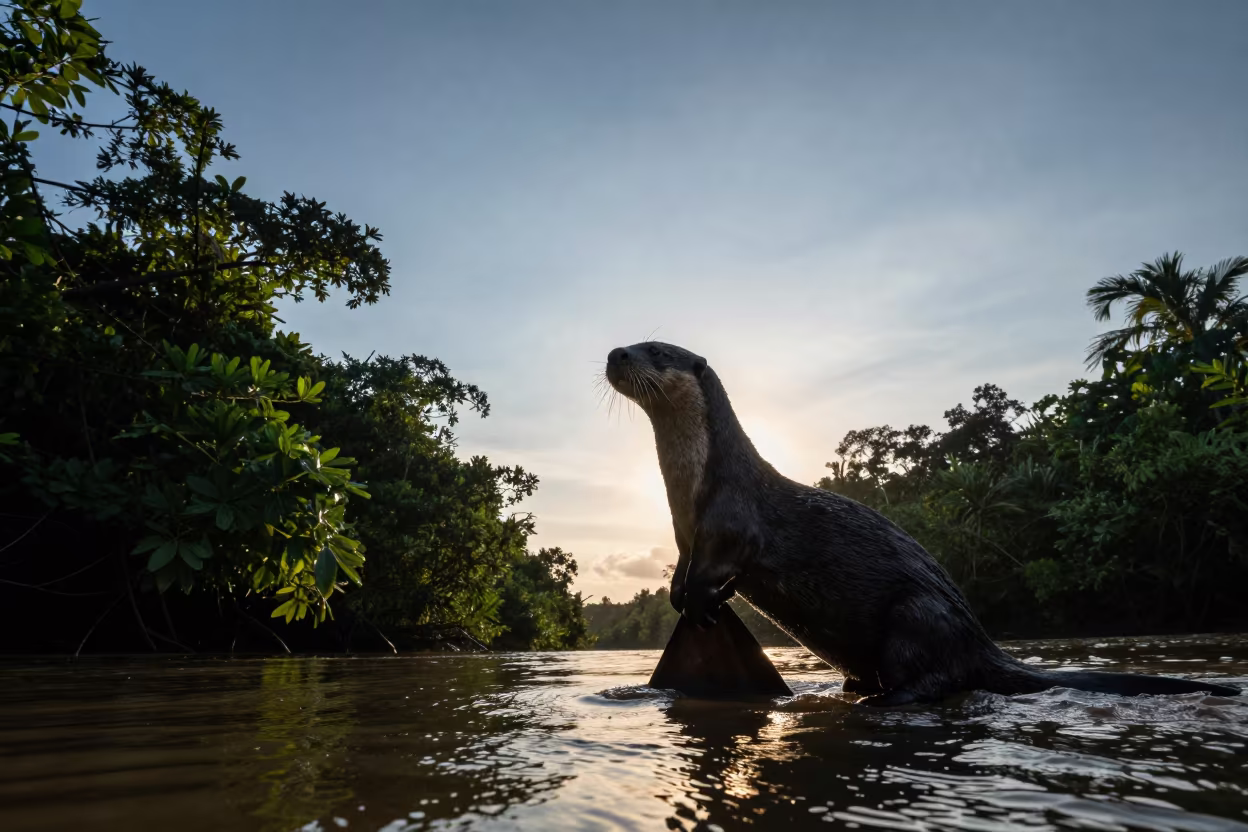 Silhouetted Giant Otter Fishing at Golden Hour in near Singapore