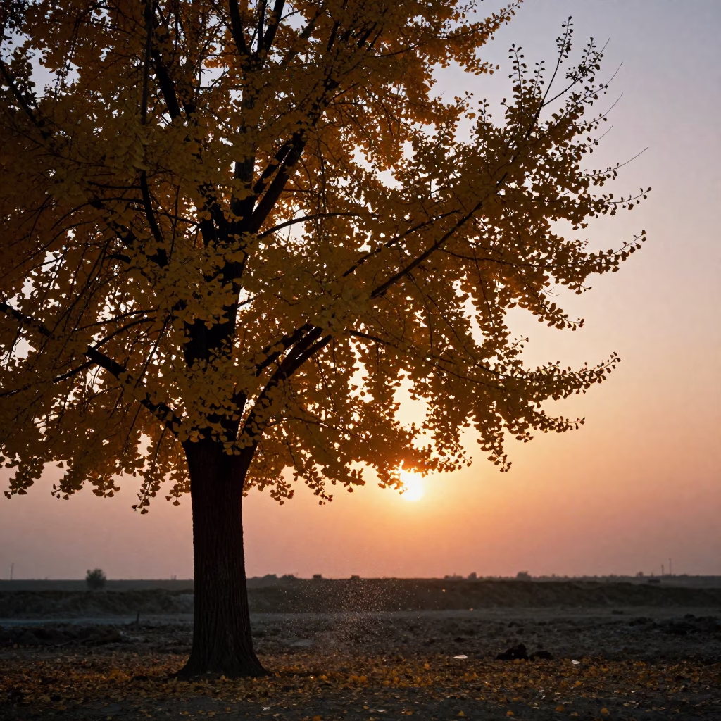 Silhouetted Ginkgo Tree at Sunset in Afghanistan in in Afghanistan