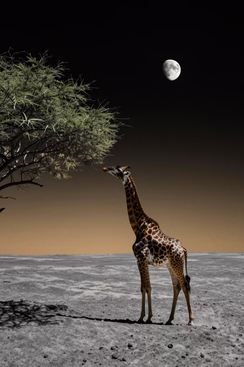 Silhouetted Giraffe on Lunar Ridge in on a wind-scoured ridge near Tonle Bassac, Phnom Penh