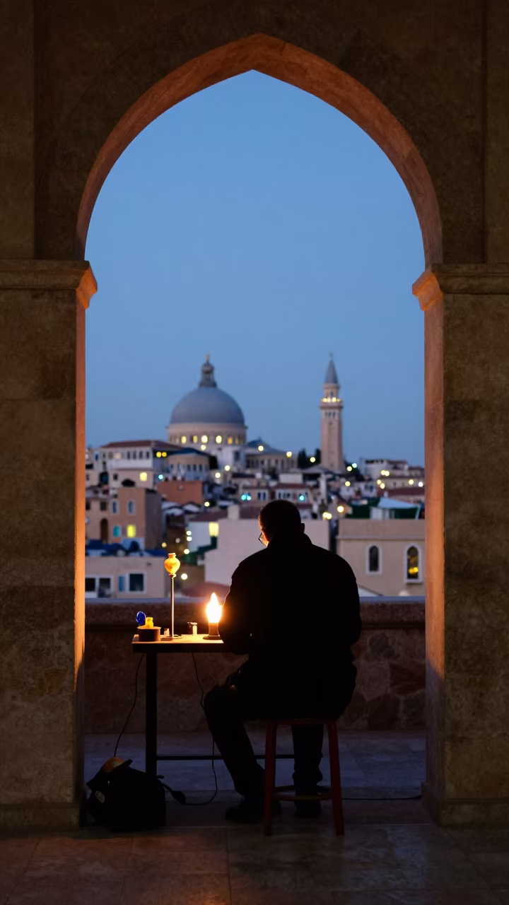 Silhouetted Glass Blower in Touggourt Prayer Hall in in a prayer hall in Touggourt