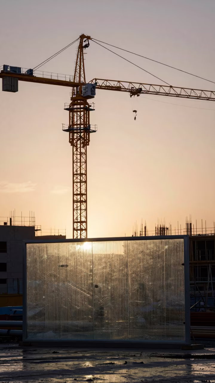 Silhouetted Glass Edge Protector Tub Under Crane in beneath a tower crane on open ground in Xinjiang