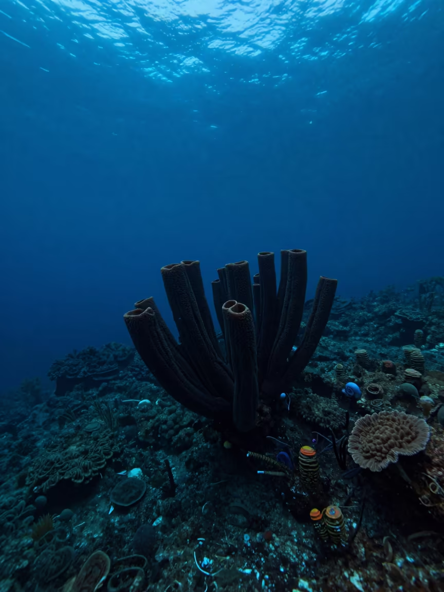 Silhouetted Glass Sponge Garden at Twilight in beside a volcanic drop-off in Tanzania
