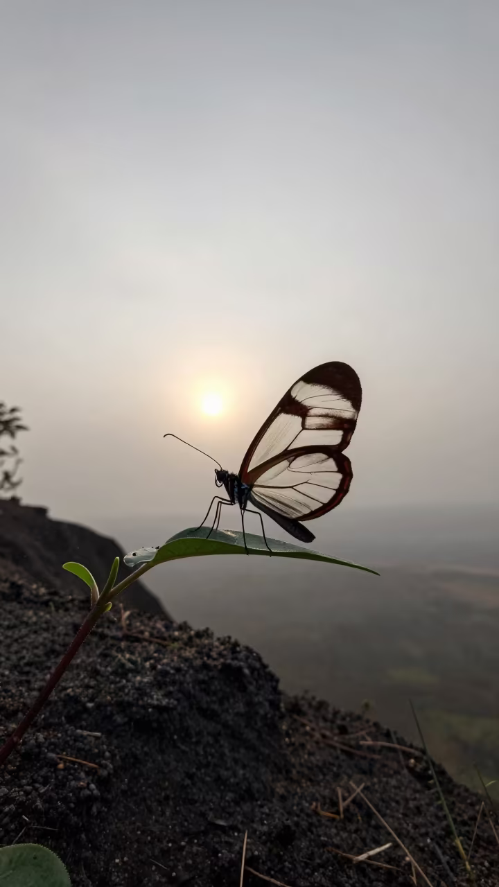Silhouetted Glasswing Butterfly on Rainy Ridge Leaf in on a wind-scoured ridge in Maharashtra