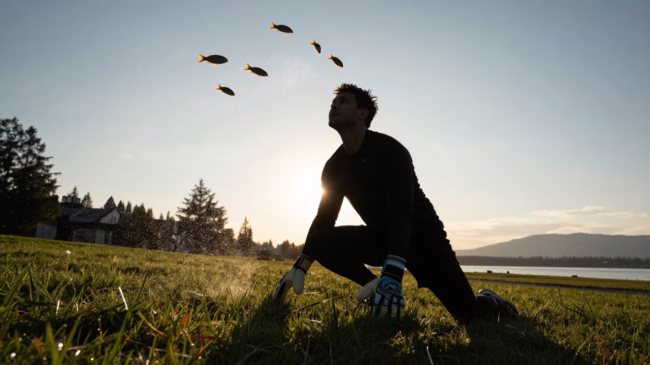 Silhouetted Goalkeeper Facing Tropical Fish in Air in on a hillside near Vancouver
