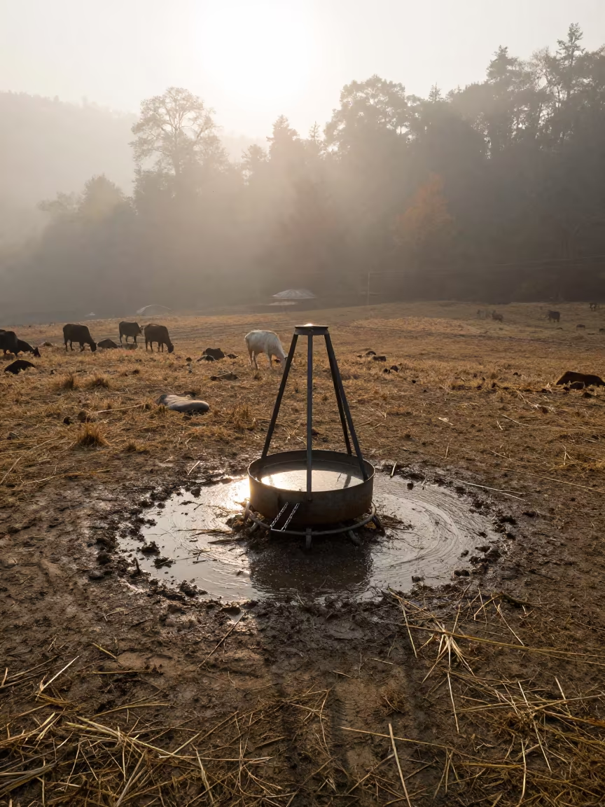 Silhouetted Goat Feeder in Autumn Mist in along a muddy paddock fence in Uttarakhand