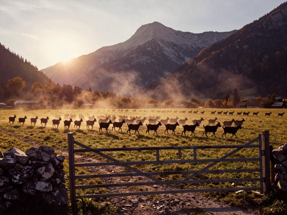 Silhouetted Goat Herd in Austrian Pasture Grid in beside a pasture gate in Austria