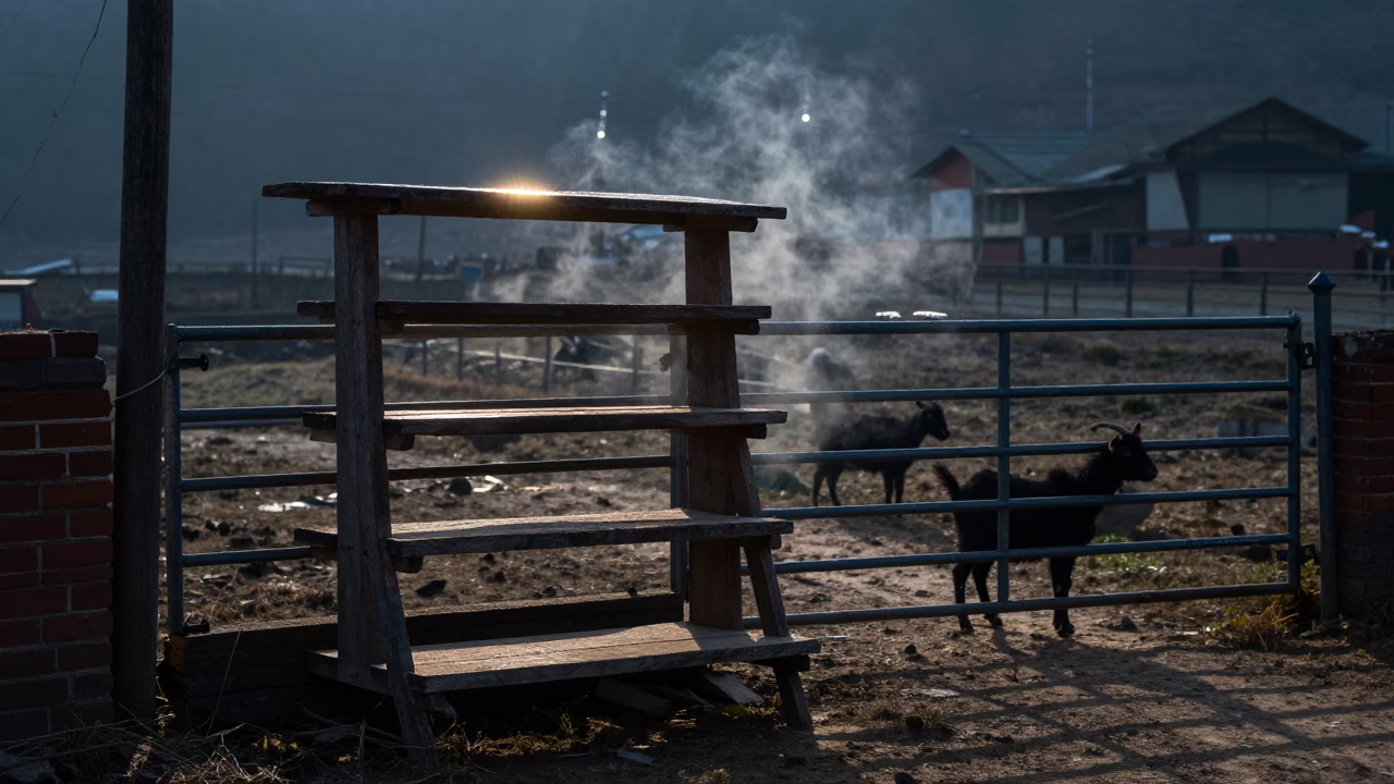 Silhouetted Goat Milk Filter at Dawn in beside a pasture gate in Nepal