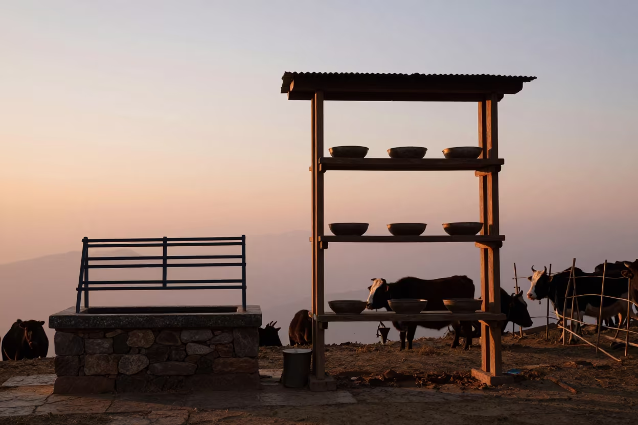 Silhouetted Goat Milk Filter Shelf in Nepal in near a windbreak and water trough in Nepal