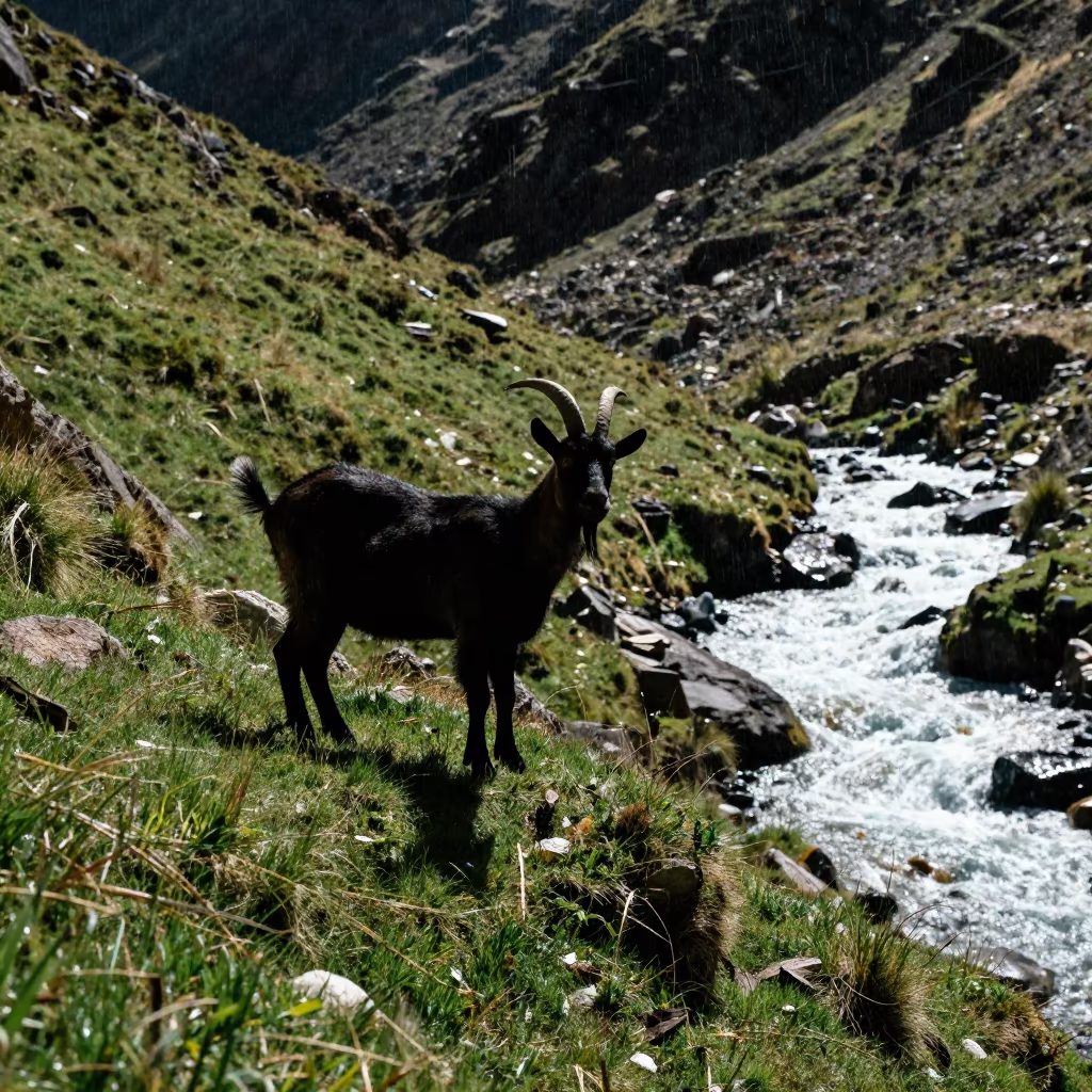 Silhouetted Goat on Steep Hillside Near Glacial Stream in above a glacial stream near Cochabamba