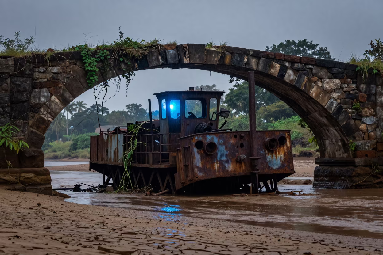 Silhouetted Gold Dredge Ruin Under Stone Arch in beneath a broken stone arch in Burundi