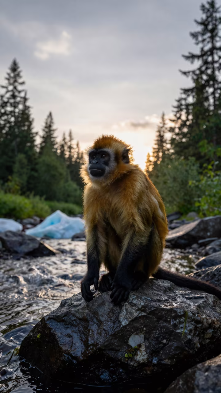 Silhouetted Golden Tamarin Above Glacial Stream in above a glacial stream in Belarus