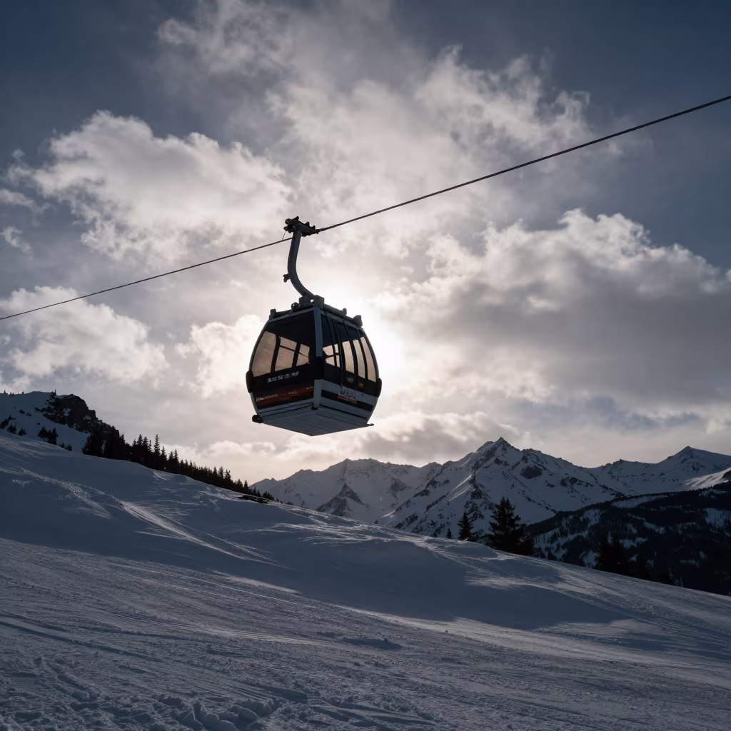 Silhouetted Gondola on Alpine Piste Near Banff in on an alpine piste at first light near Banff