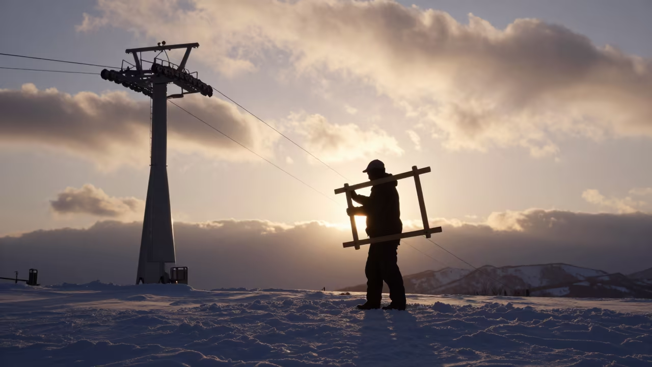 Silhouetted Gondola Maker in Sapporo Evening Snow in beside a lift tower above corduroy snow near Sapporo