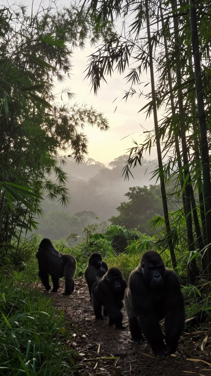 Silhouetted Gorilla Family Foraging in Dawn Mist in along a game trail in Costa Rica
