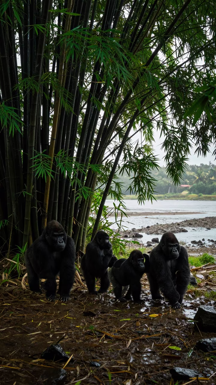 Silhouetted Gorillas Forage in Kerala Bamboo in beside a tidal inlet in Kerala