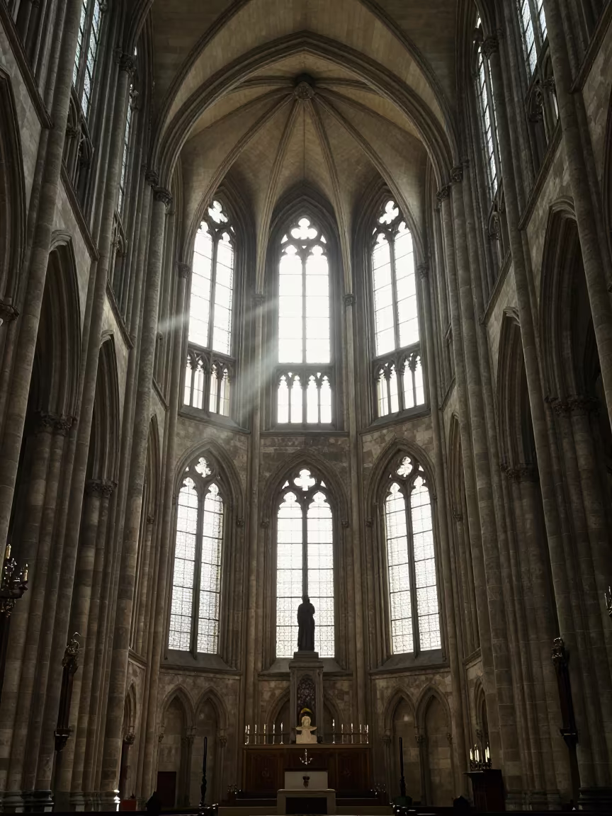 Silhouetted Gothic Cathedral Nave in Midsummer Light in inside a candlelit nave in Essen