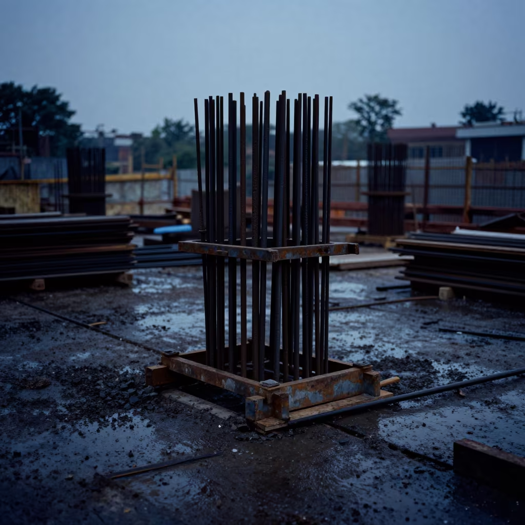 Silhouetted Grade Rod Rack on Lahore Construction Deck in on an active construction deck in Lahore