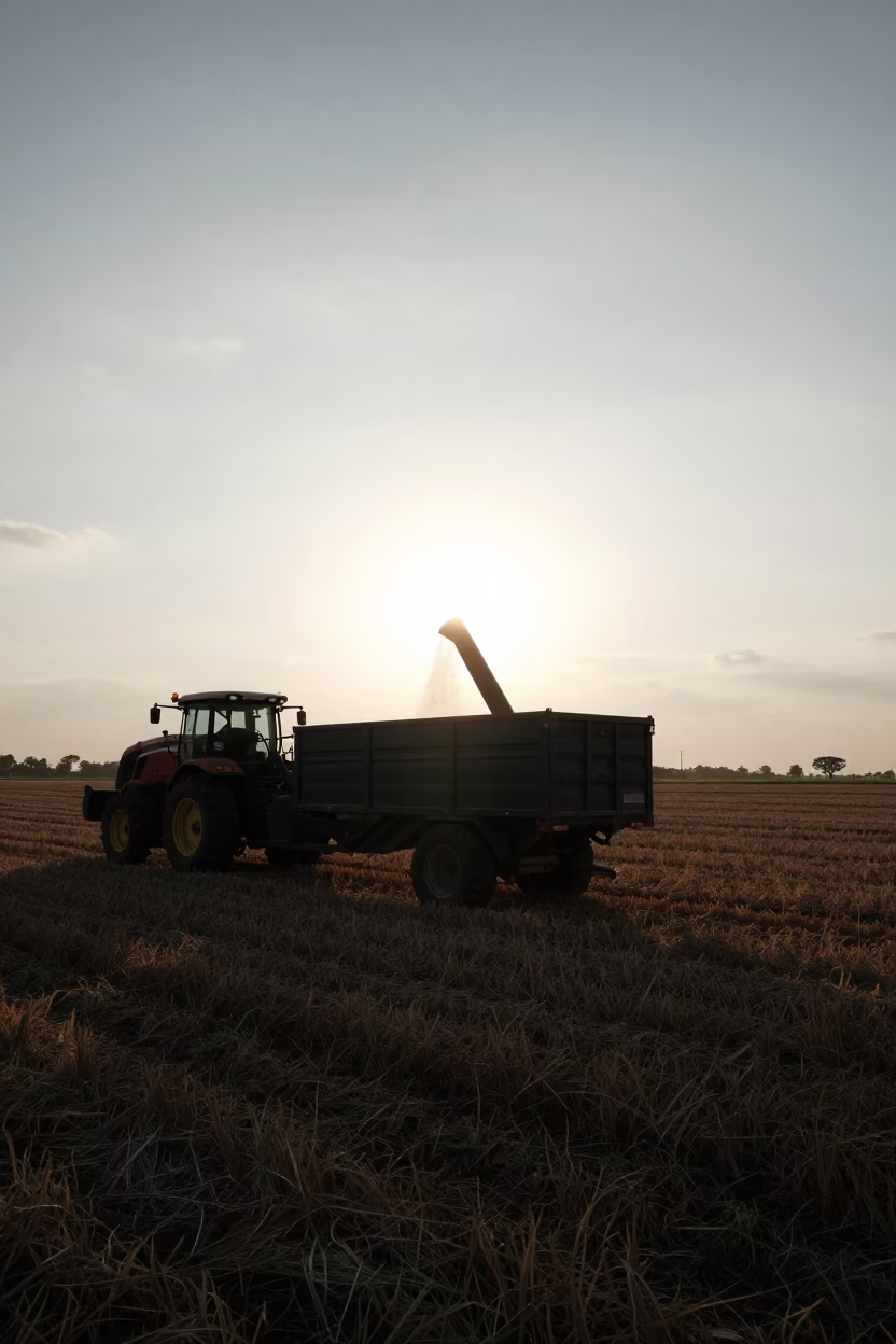 Silhouetted Grain Augers Filling Trailer in Barinas in across a harvested grain field in Barinas