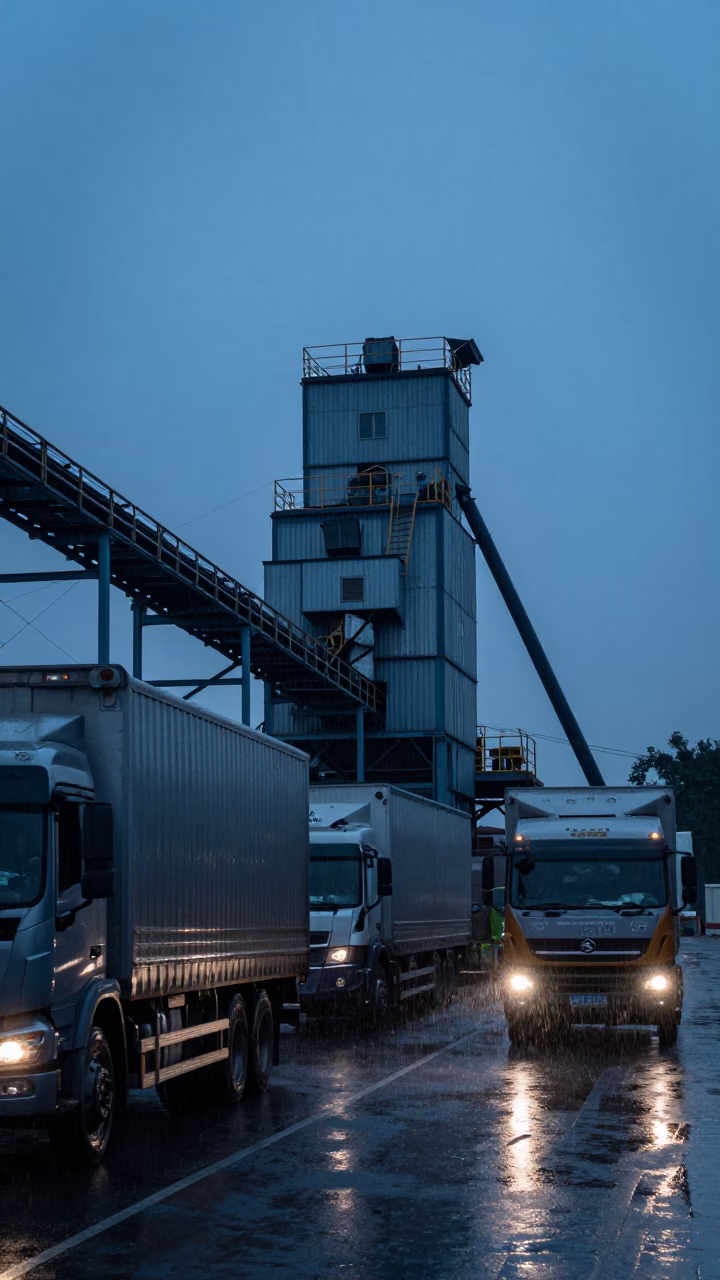 Silhouetted Grain Elevator Bridge Over Trucks in near Guangzhou