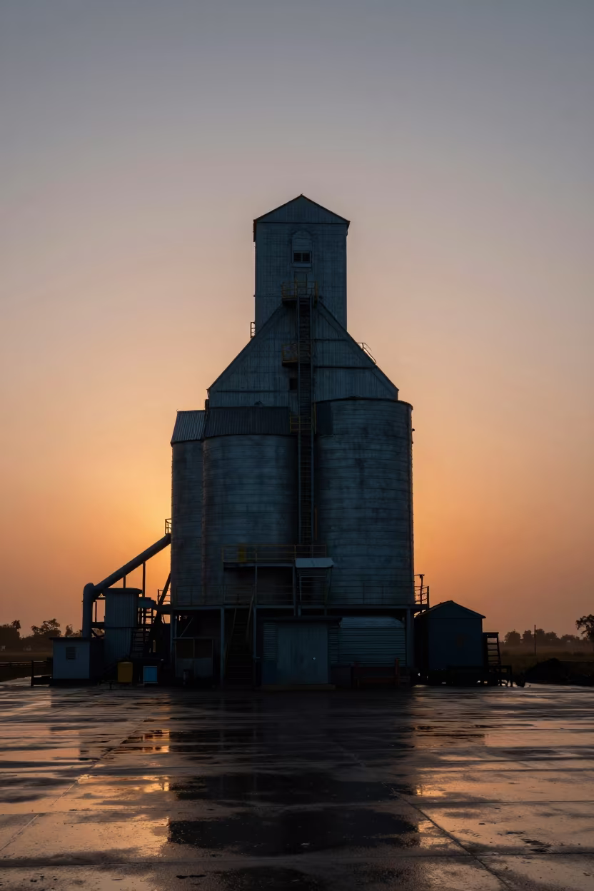 Silhouetted Grain Elevator Against Prairie Sunset in across an active works site near Jabalpur