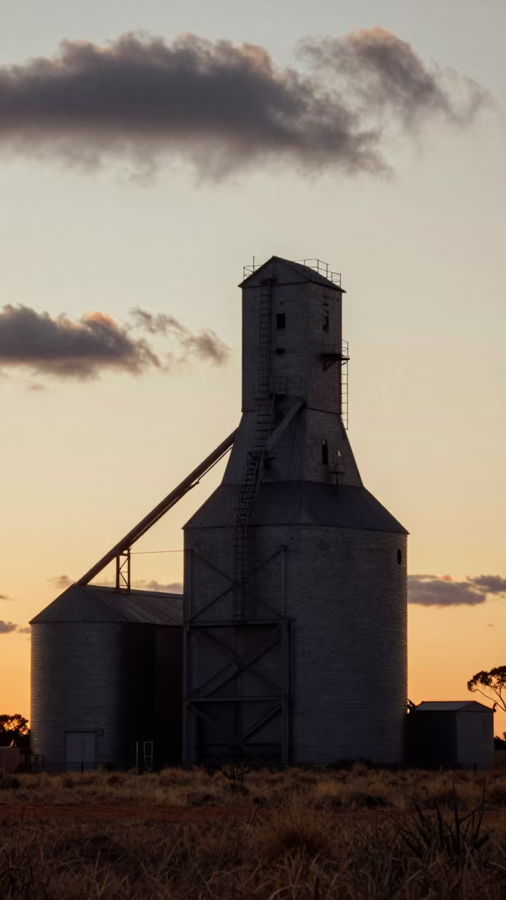 Silhouetted Grain Elevator Against Sunset Sky in beside exposed structural steel in South Australia