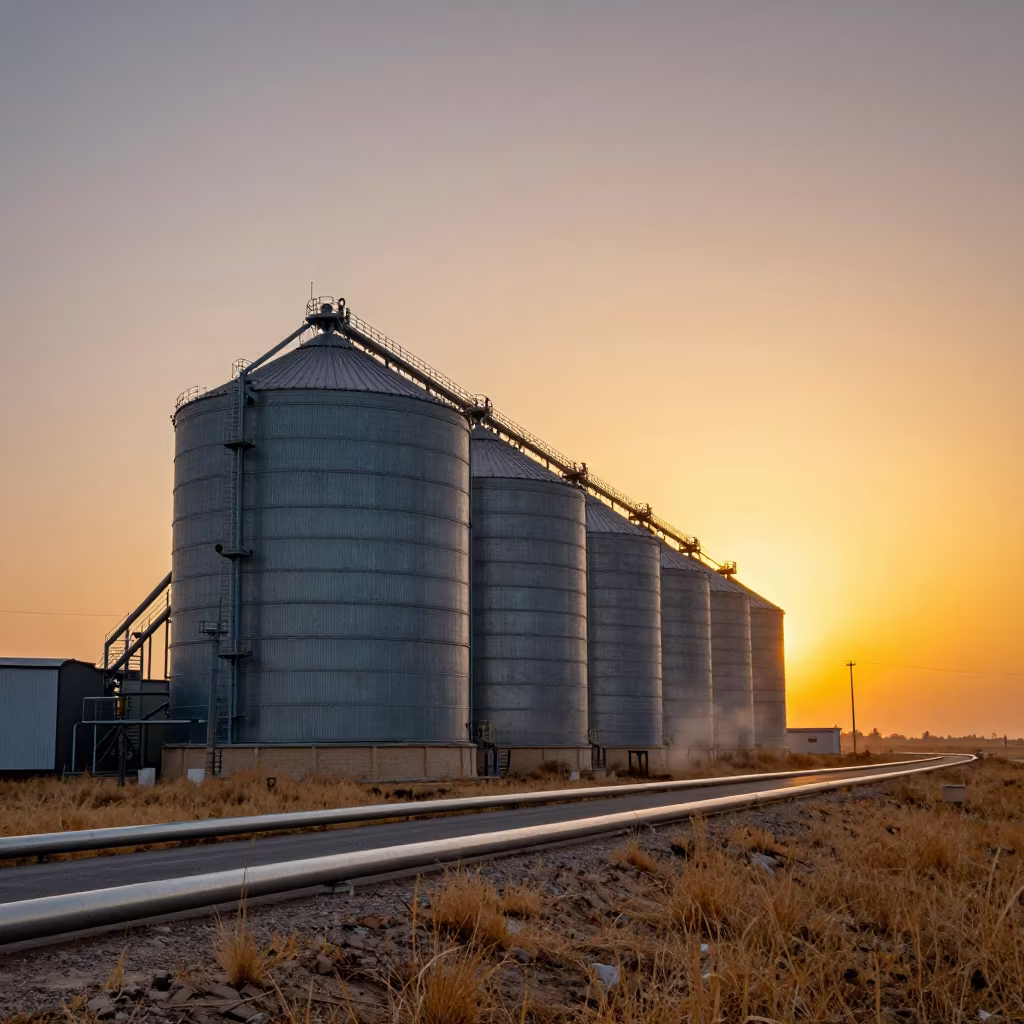 Silhouetted Grain Silos Against Konya Prairie Sunset in along a service road lined with pipes near Konya