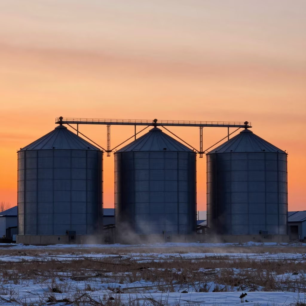 Silhouetted Grain Silos Against Winter Sunset Sky in near Gold Coast