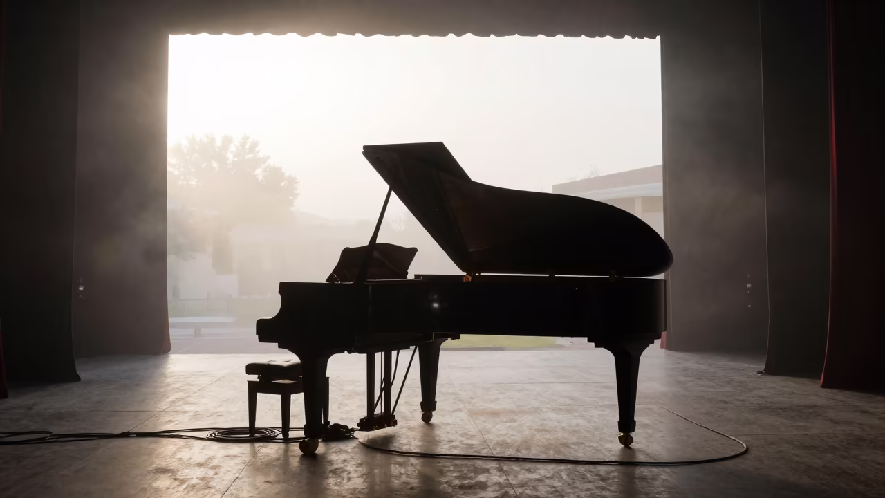 Silhouetted Grand Piano on Al Bayda Theater Stage in on a theater stage in Al Bayda