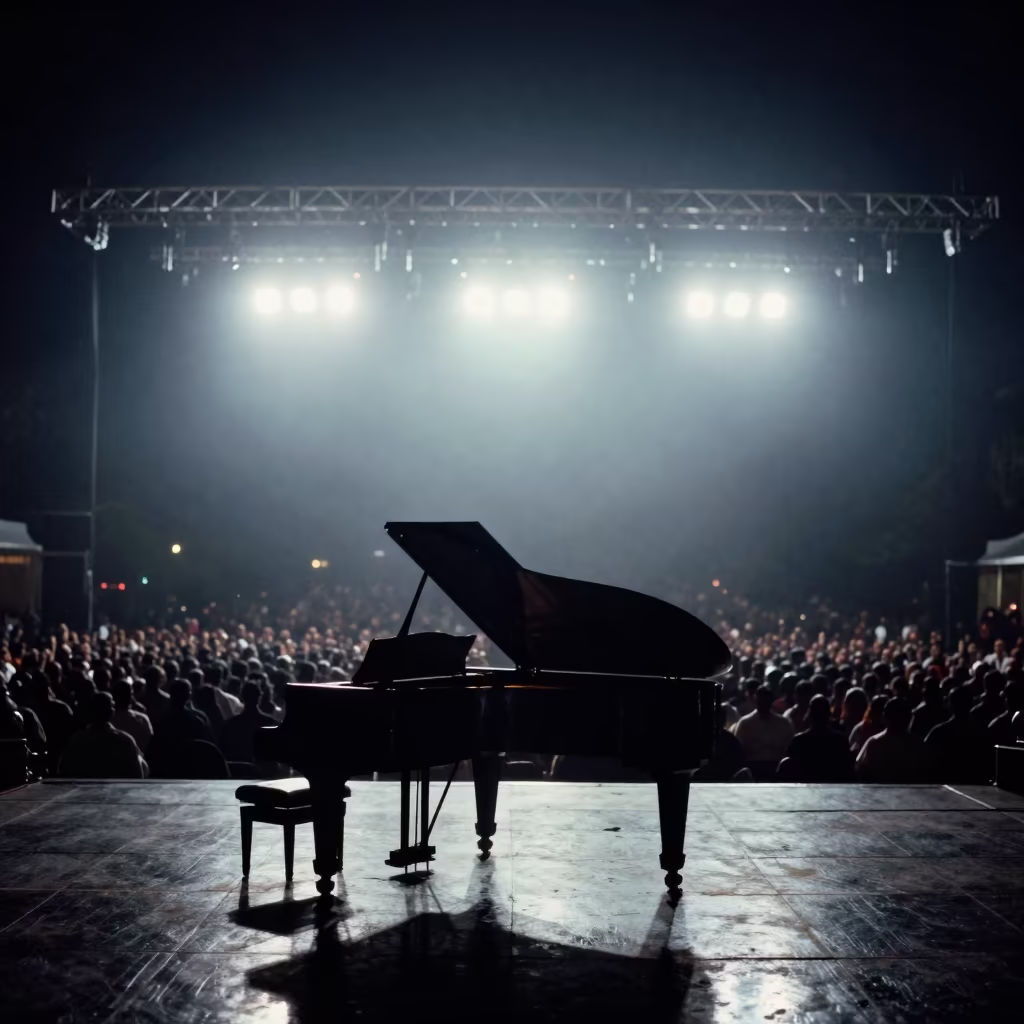 Silhouetted Grand Piano on Jhansi Festival Stage in on a festival main stage in Jhansi