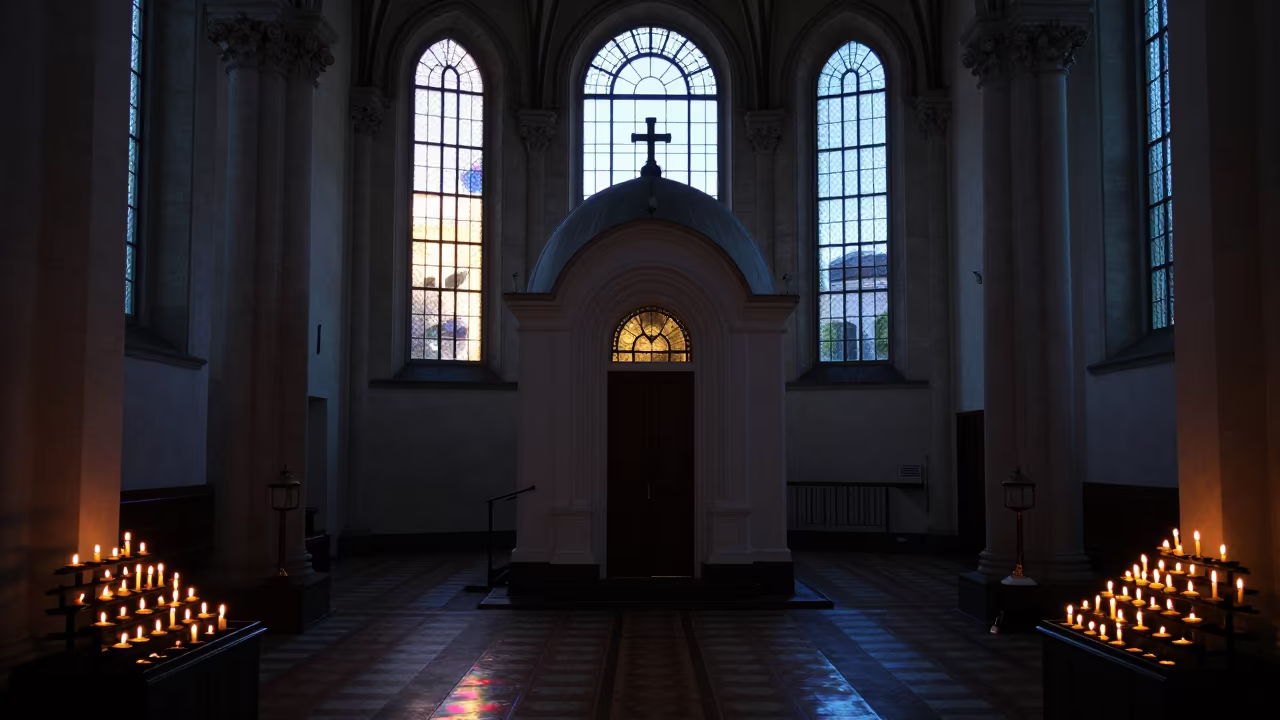 Silhouetted Greek Chapel in Auckland Abbey in inside a candlelit abbey nave in Parnell, Auckland