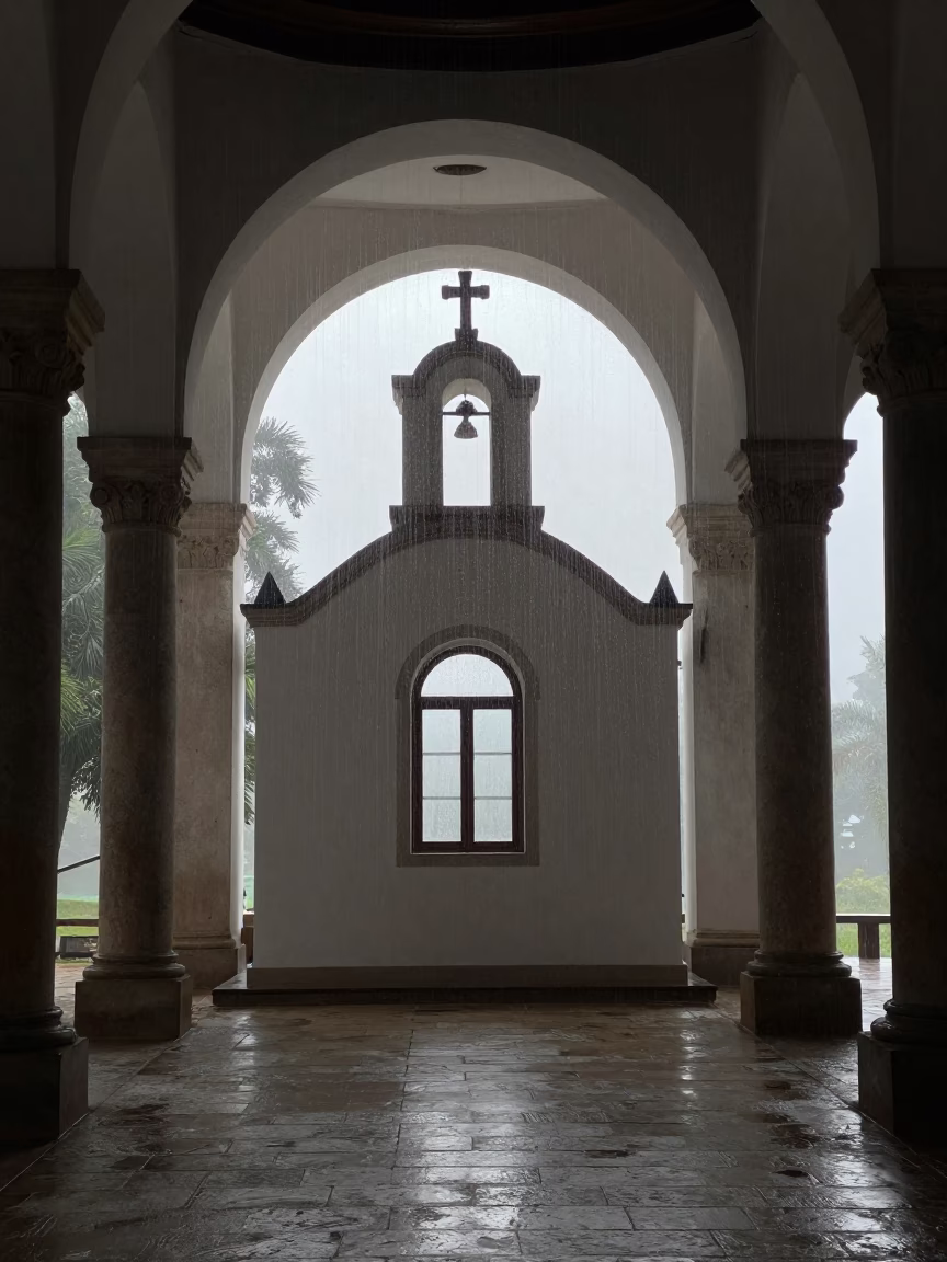 Silhouetted Greek Chapel in Dawn Abbey Light in inside a candlelit abbey nave in Santa Cruz de la Sierra