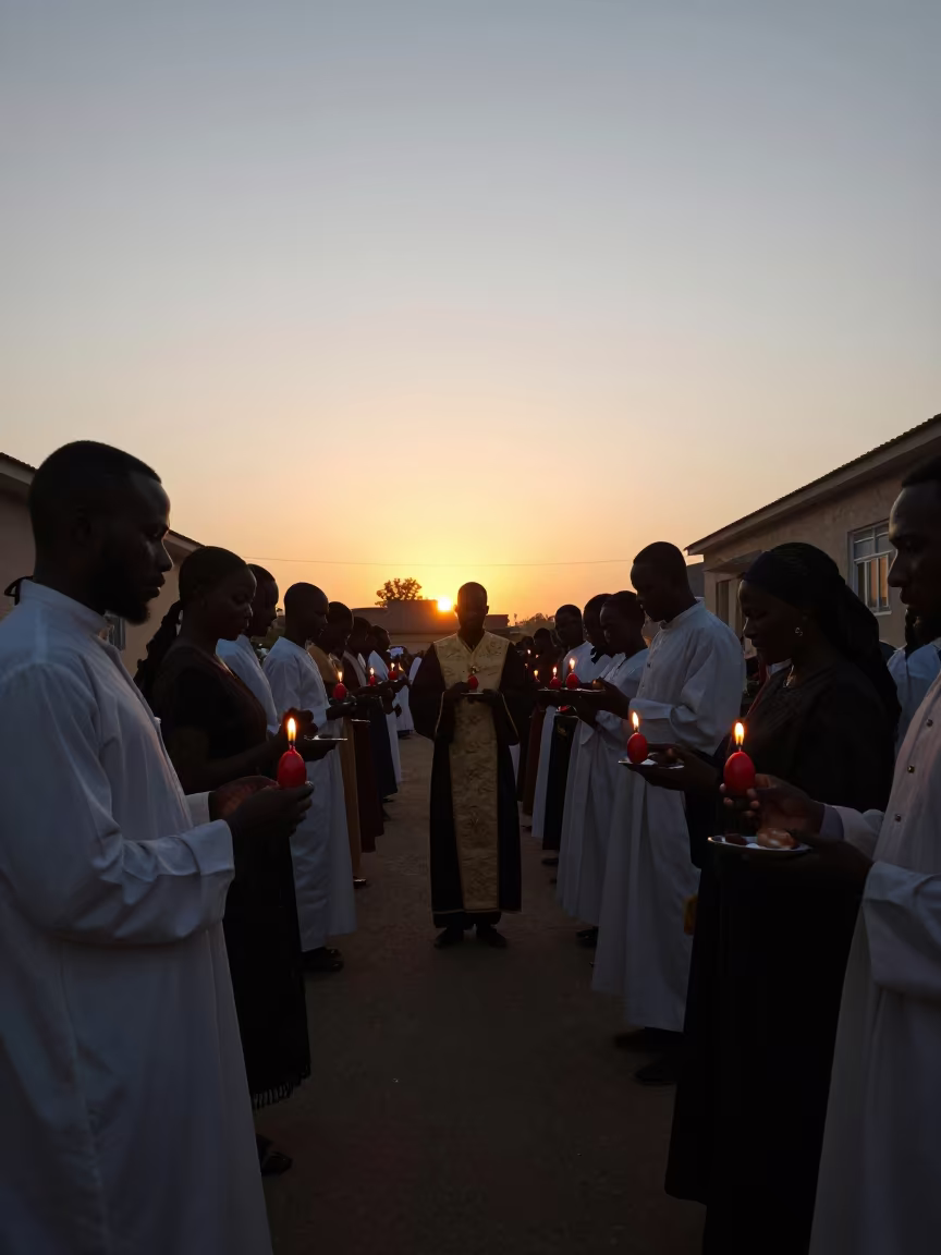 Silhouetted Greek Easter Ceremony in Garoua Hall in in a ceremonial hall in Garoua