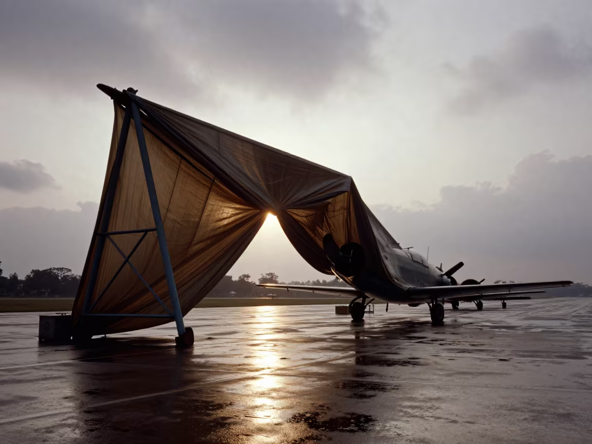 Silhouetted Grid Map Over Monsoon Airbase in along an airbase flight line in Taunggyi