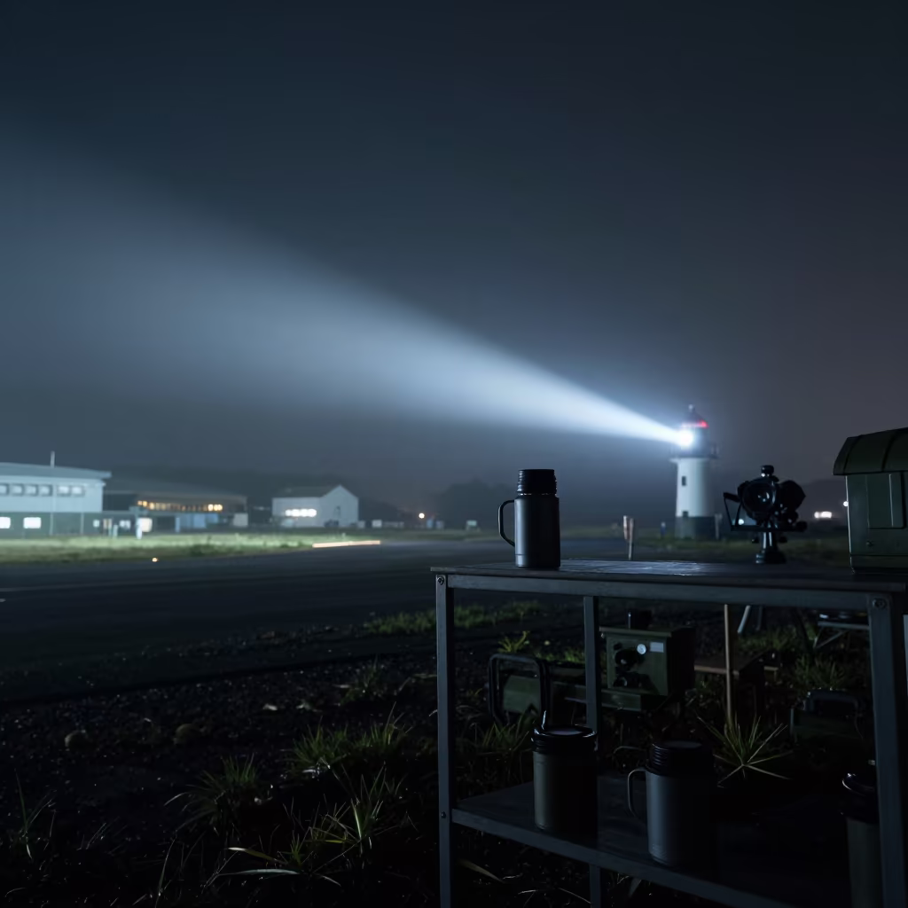 Silhouetted Guard Mug Shelf Night Airbase in along an airbase flight line near Hiroshima