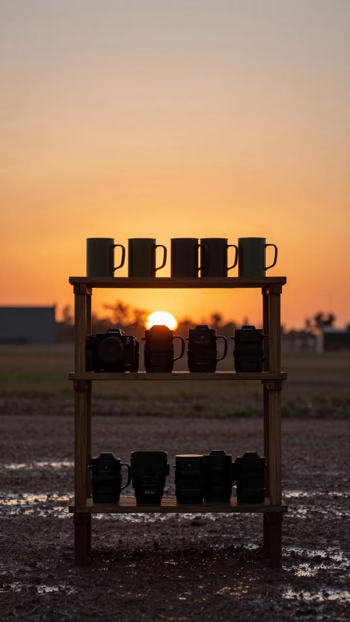 Silhouetted Guard Mug Shelf at Sunset in beside a convoy halt on open ground near San Felipe