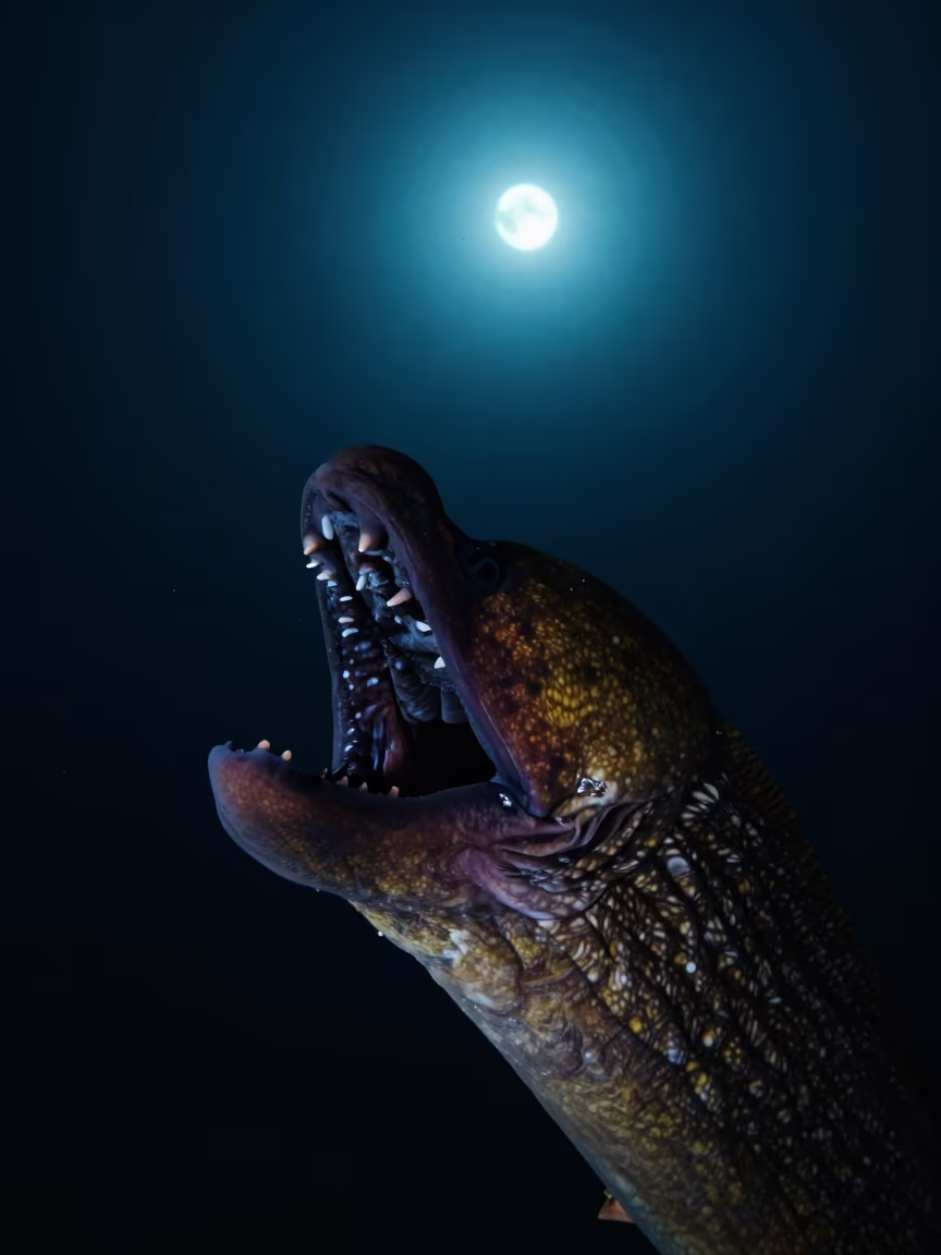 Silhouetted Gulper Eel in Deep Sea Night in near Mombasa