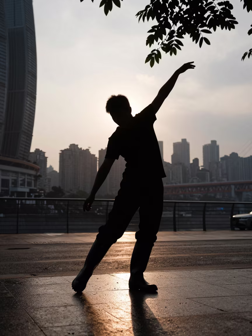 Silhouetted Gumboot Dancer Stomping in Chongqing in near Chongqing