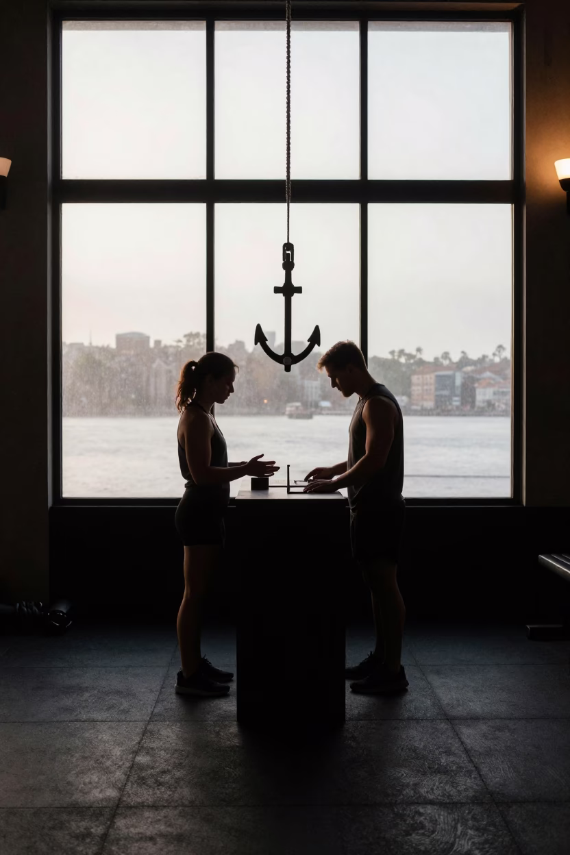 Silhouetted Gym Anchor in Sydney Morning Light in at a gym check-in desk in Sydney