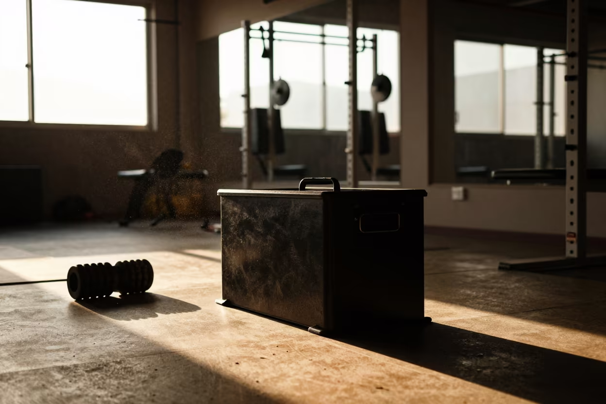 Silhouetted Gym Bin in Urayasu Recovery Lounge in inside a recovery lounge beside foam rollers near Urayasu