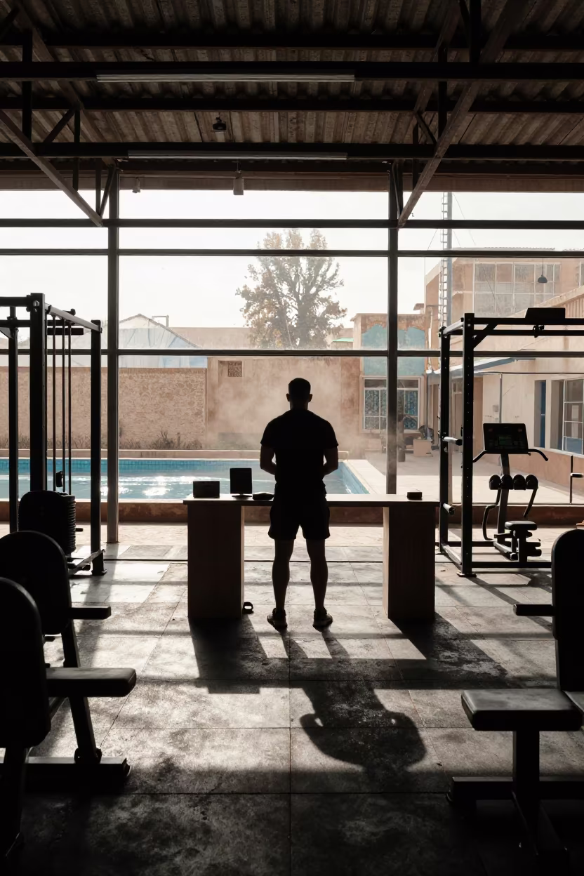 Silhouetted Gym Member at Mosul Check-In Desk in at a gym check-in desk in Mosul
