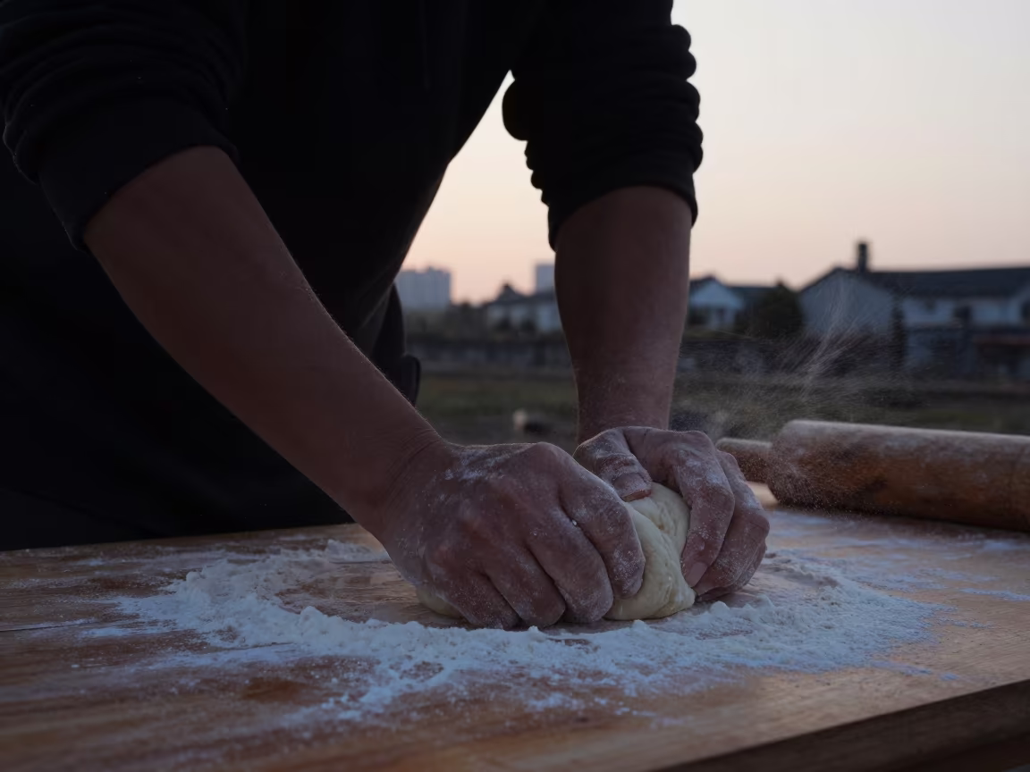 Silhouetted Hands Kneading Dough at Twilight in near Changsha