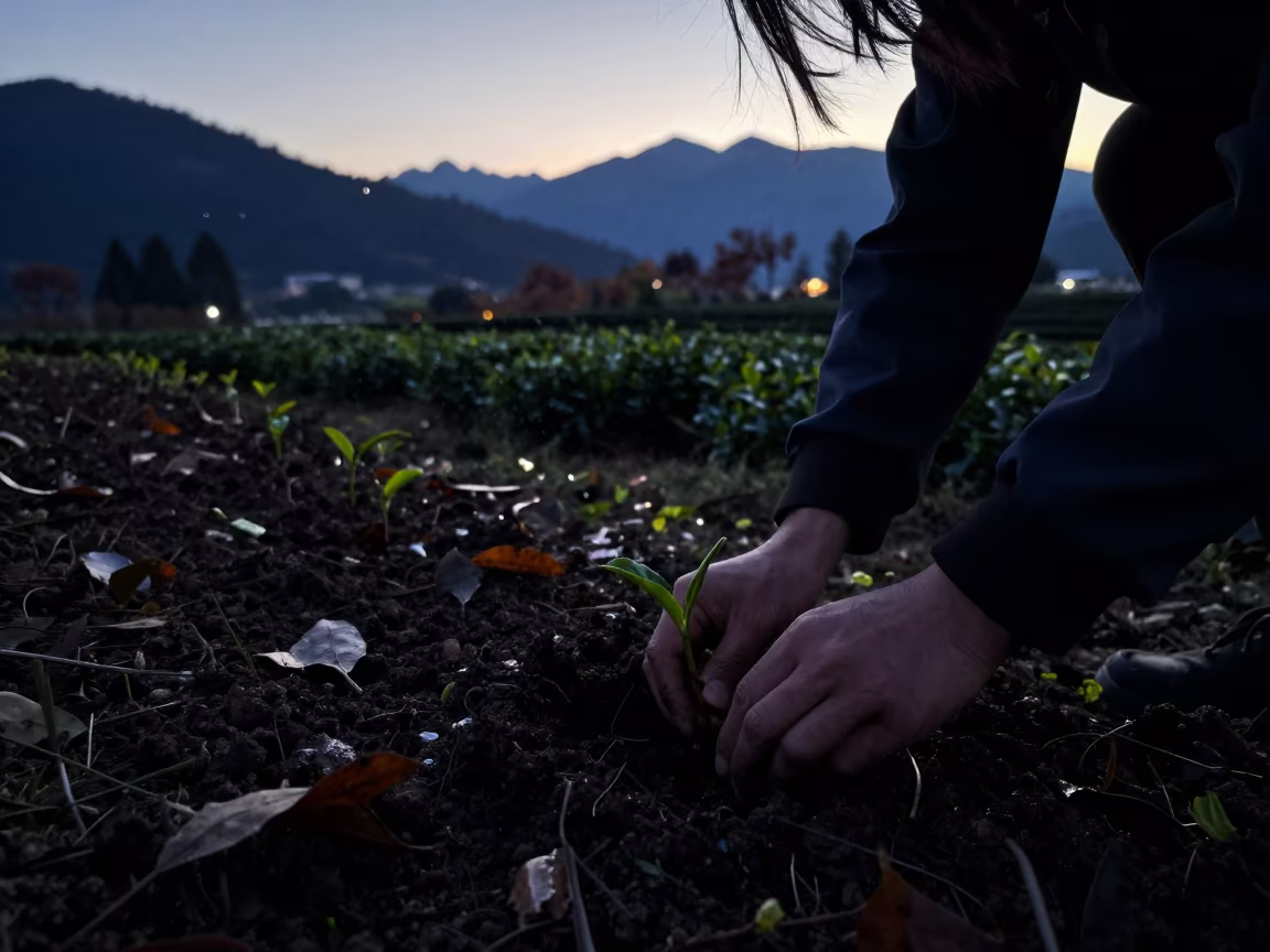 Silhouetted Hands Planting Tea Seedlings Before Dawn in at the edge of a tea plantation in British Columbia