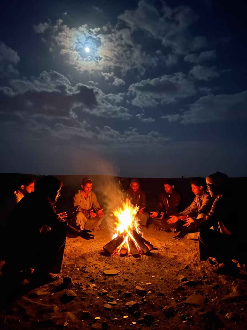 Silhouetted Hands Warmed by Bonfire Under Egyptian Night Sky in under the clearest stretch of sky in Egypt