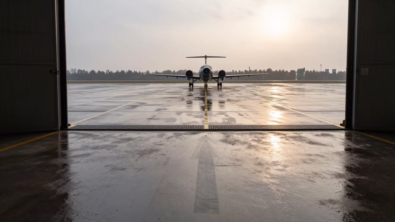 Silhouetted Hangar Threshold in Rainy Beijing Winter in along an airbase flight line near Beijing
