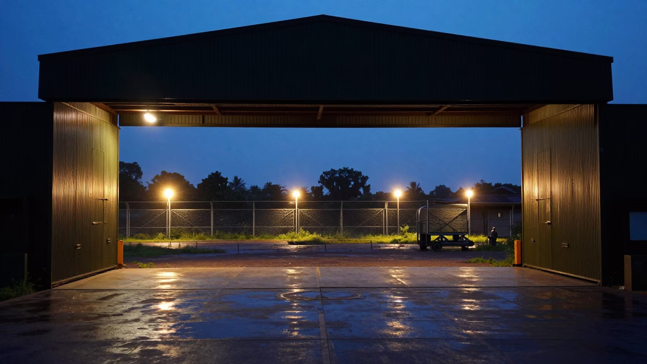 Silhouetted Hangar Threshold at Blue Hour Twilight in beside a convoy halt on open ground near Vellore