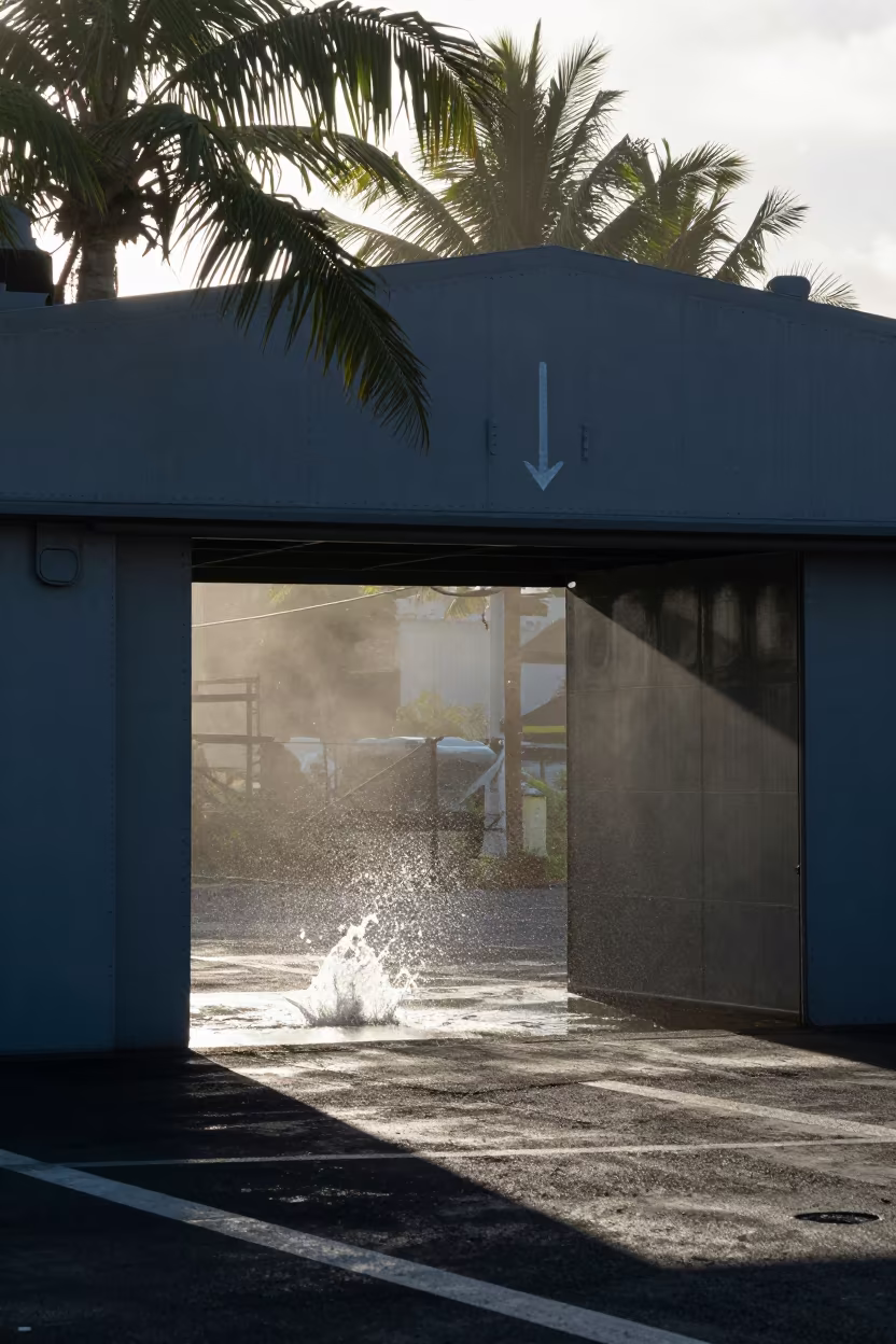 Silhouetted Hangar Threshold Storm Barbados in on a naval deck in rough wind in Barbados