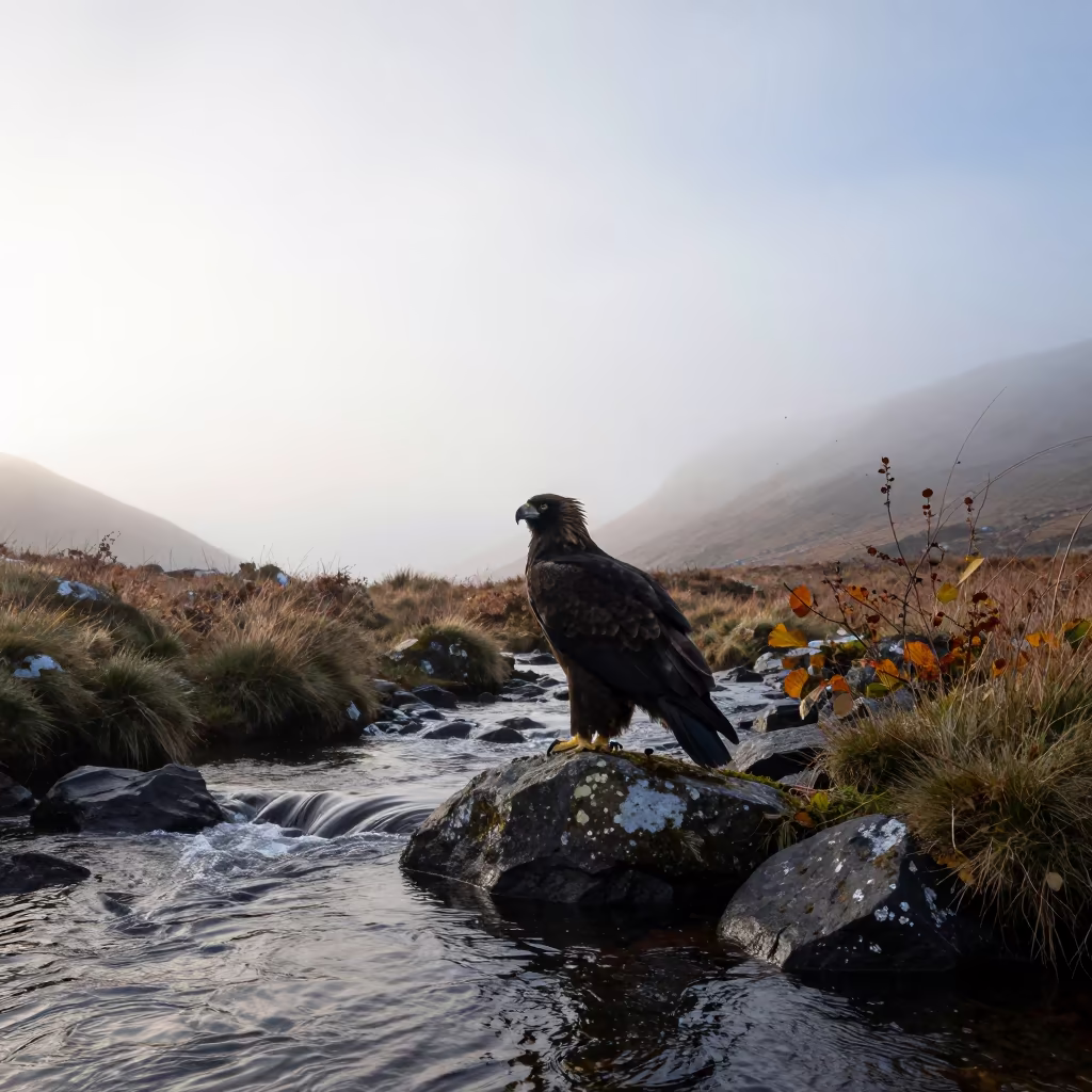 Silhouetted Harpy Eagle Dawn Mist Ireland in above a glacial stream in Ireland