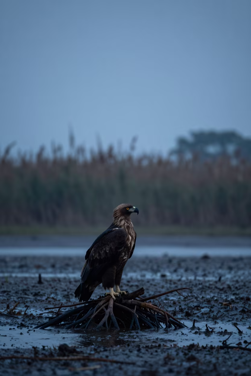 Silhouetted Harpy Eagle at Twilight Inlet in beside a tidal inlet near Naypyidaw