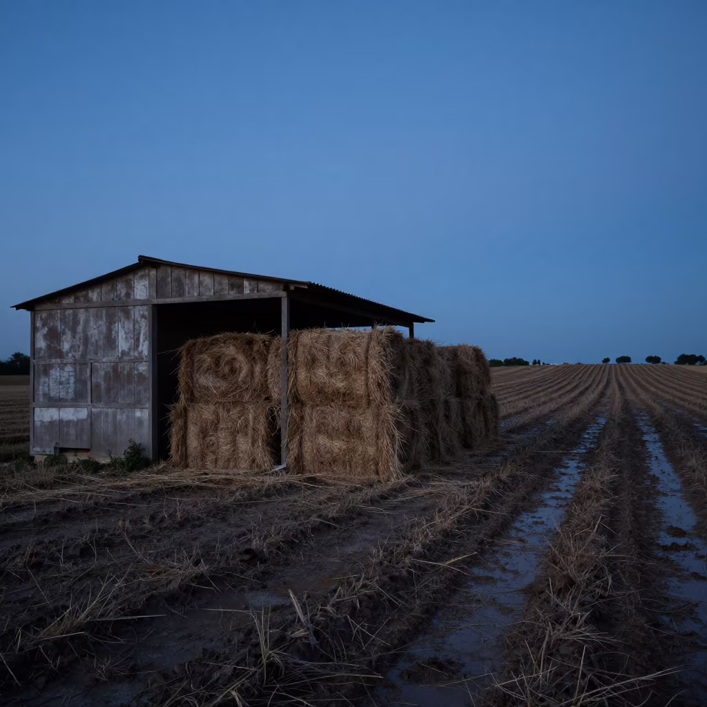Silhouetted Hay Bales in Campanian Fields at Twilight in along freshly irrigated rows in Campania